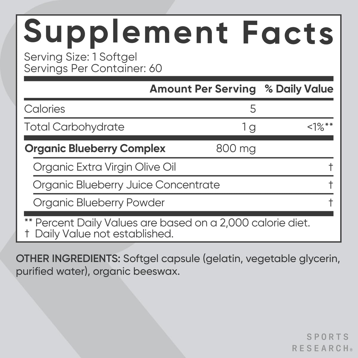 Sports Research Blueberry Capsules badge shows gluten-free and non-GMO ingredients for clean daily use.