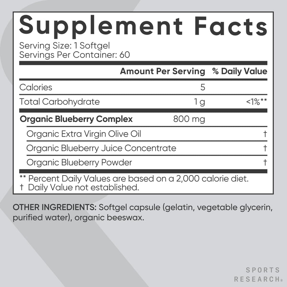 Sports Research Blueberry Capsules badge shows gluten-free and non-GMO ingredients for clean daily use.
