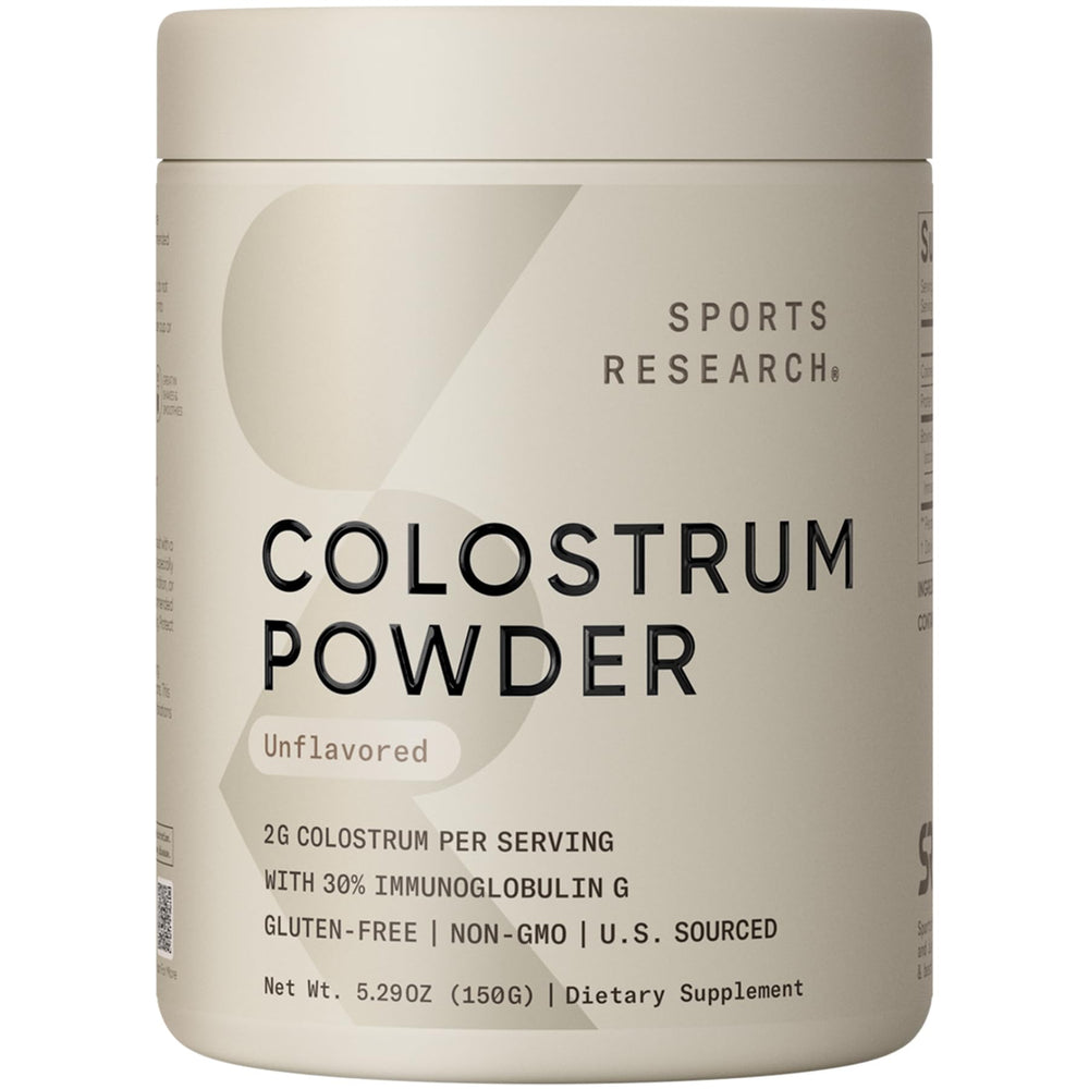 Sports Research Bovine Colostrum Powder bottle highlights purity for daily wellness.