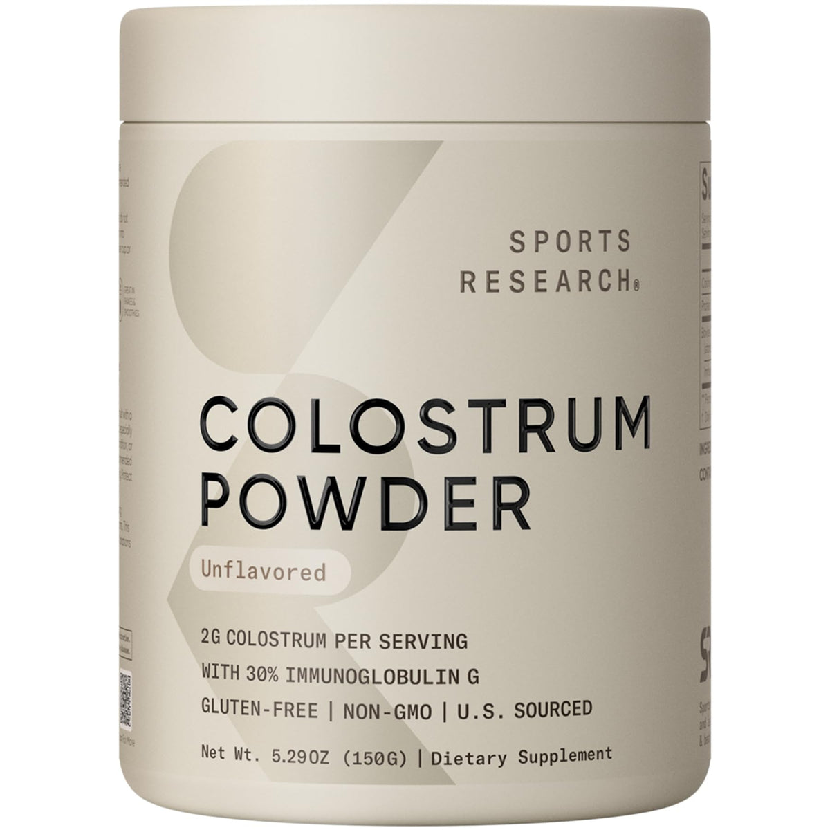 Sports Research Bovine Colostrum Powder bottle highlights purity for daily wellness.