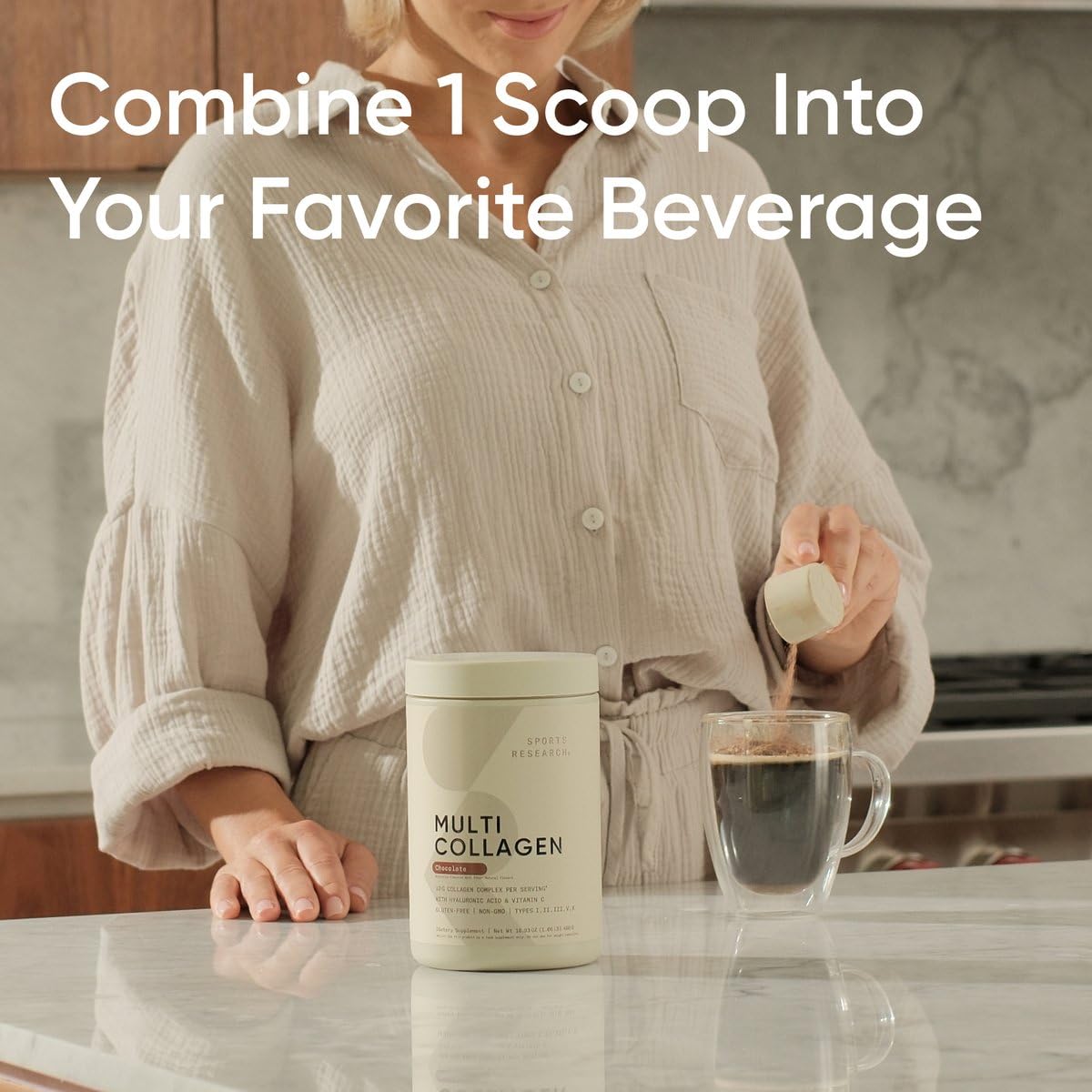 Sports Research chocolate collagen dissolves smoothly in coffee for a morning routine