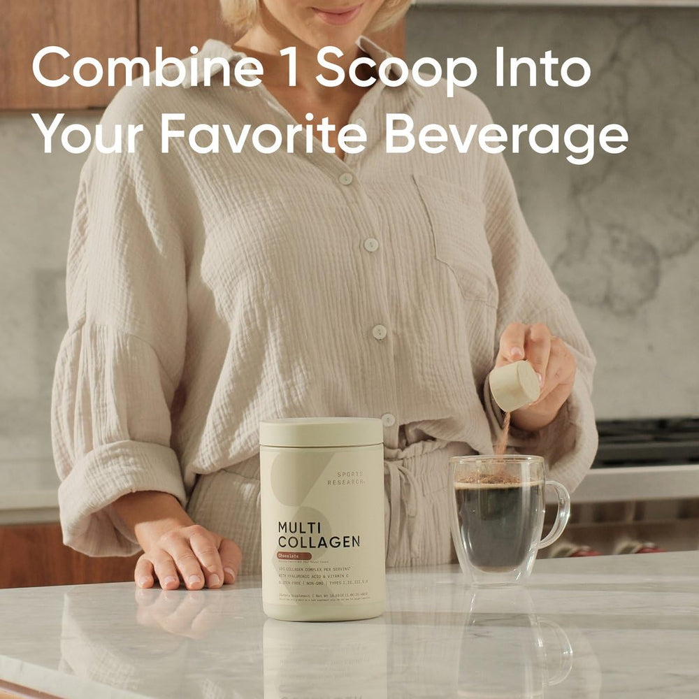 Sports Research chocolate collagen dissolves smoothly in coffee for a morning routine