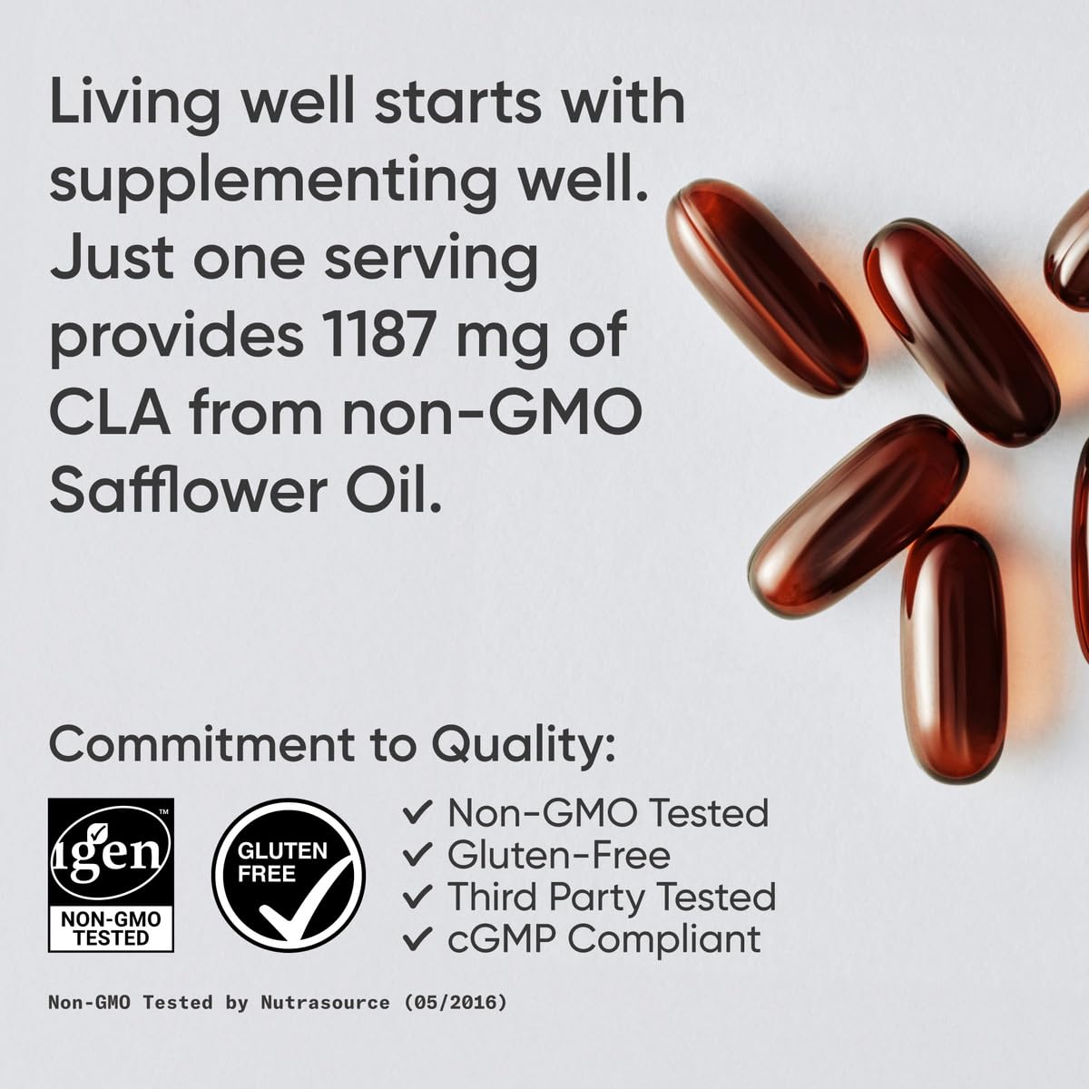 Sports Research CLA 1250mg per softgel graphic emphasizes active CLA for fatty acid metabolism.