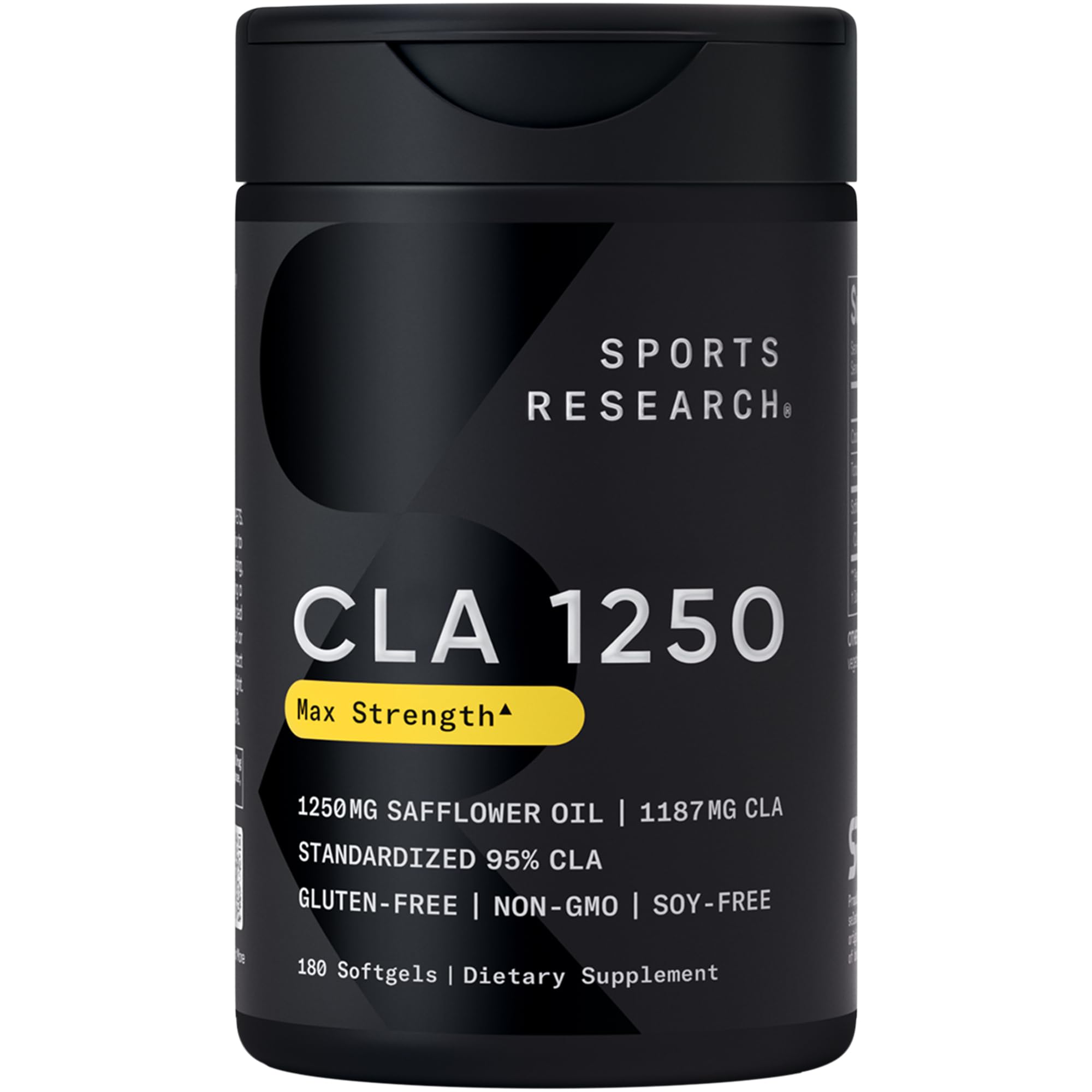 Sports Research CLA bottle front showing 1250 mg per softgel for daily support.