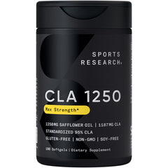 Sports Research CLA bottle front showing 1250 mg per softgel for daily support.
