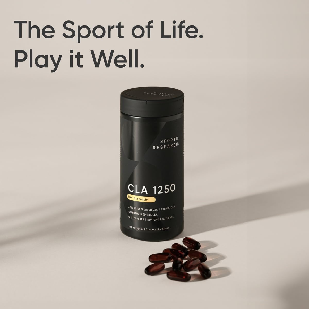Sports Research CLA clean ingredients icon suggests a clean, non-stimulant formulation.
