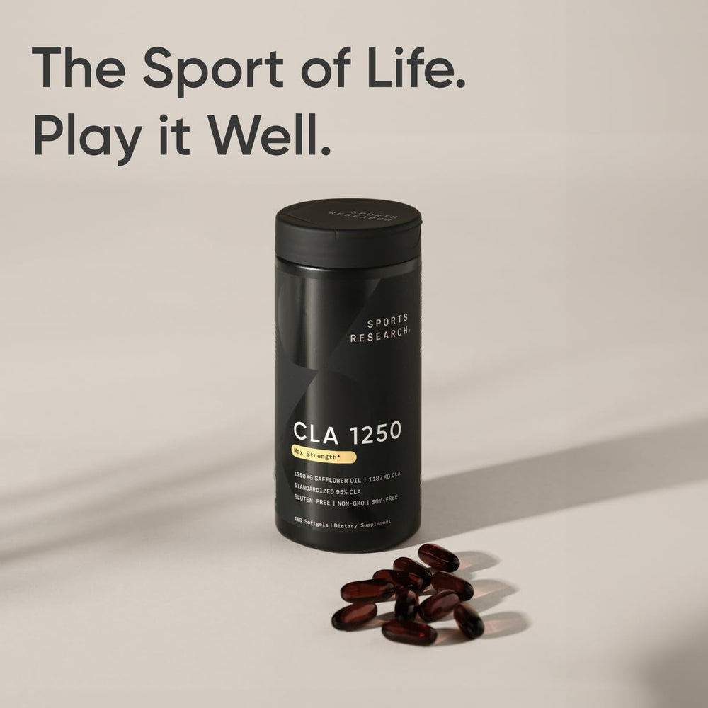 Sports Research CLA clean ingredients icon suggests a clean, non-stimulant formulation.