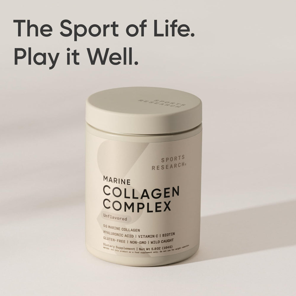 Powder in glass demonstrating neutral blend of Sports Research Collagen Beauty Complex
