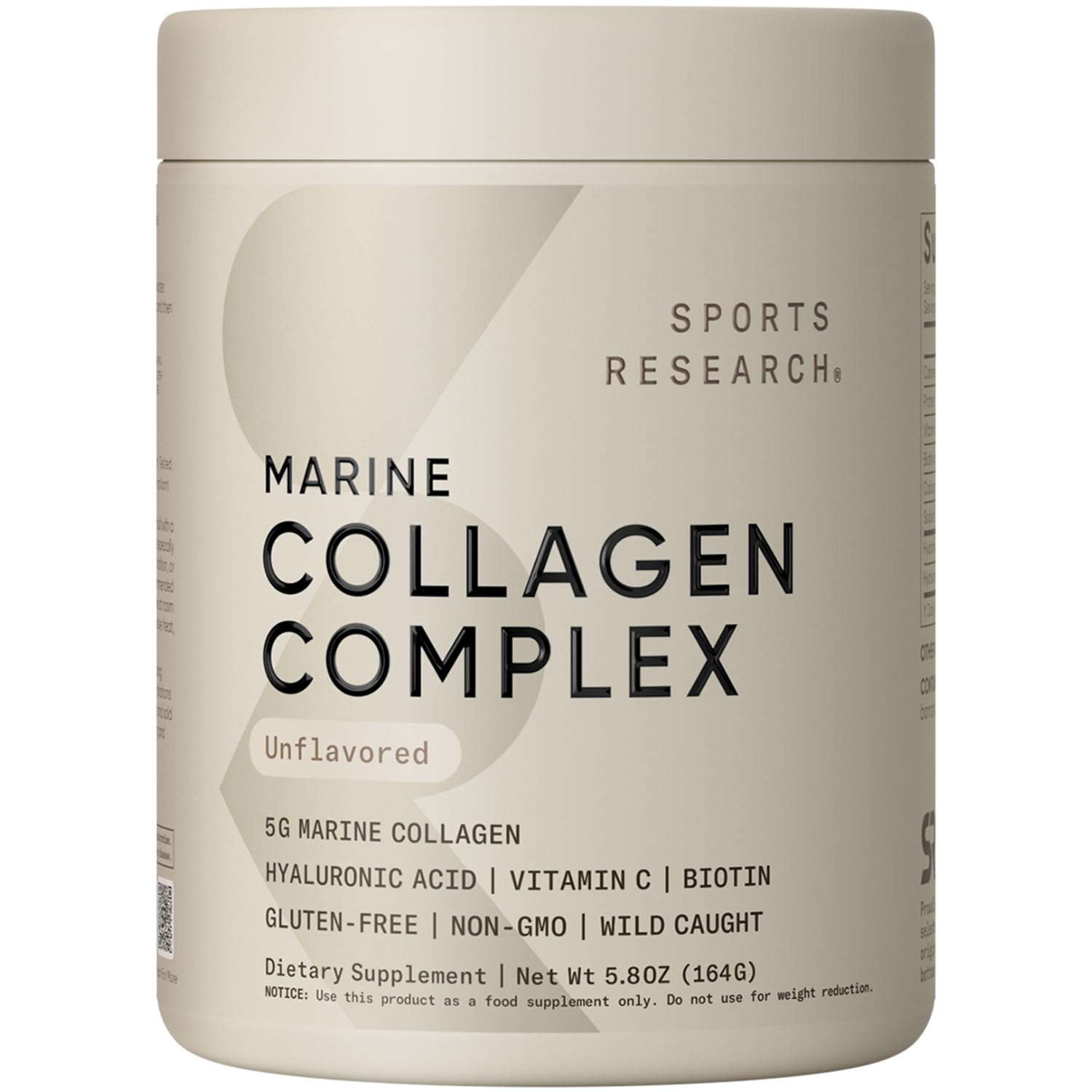 Sports Research Collagen Beauty Complex tub with unflavored powder ready for daily use