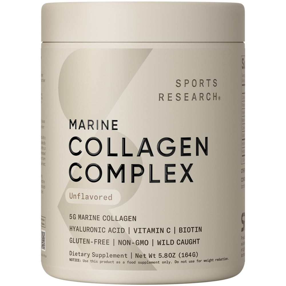 Sports Research Collagen Beauty Complex tub with unflavored powder ready for daily use