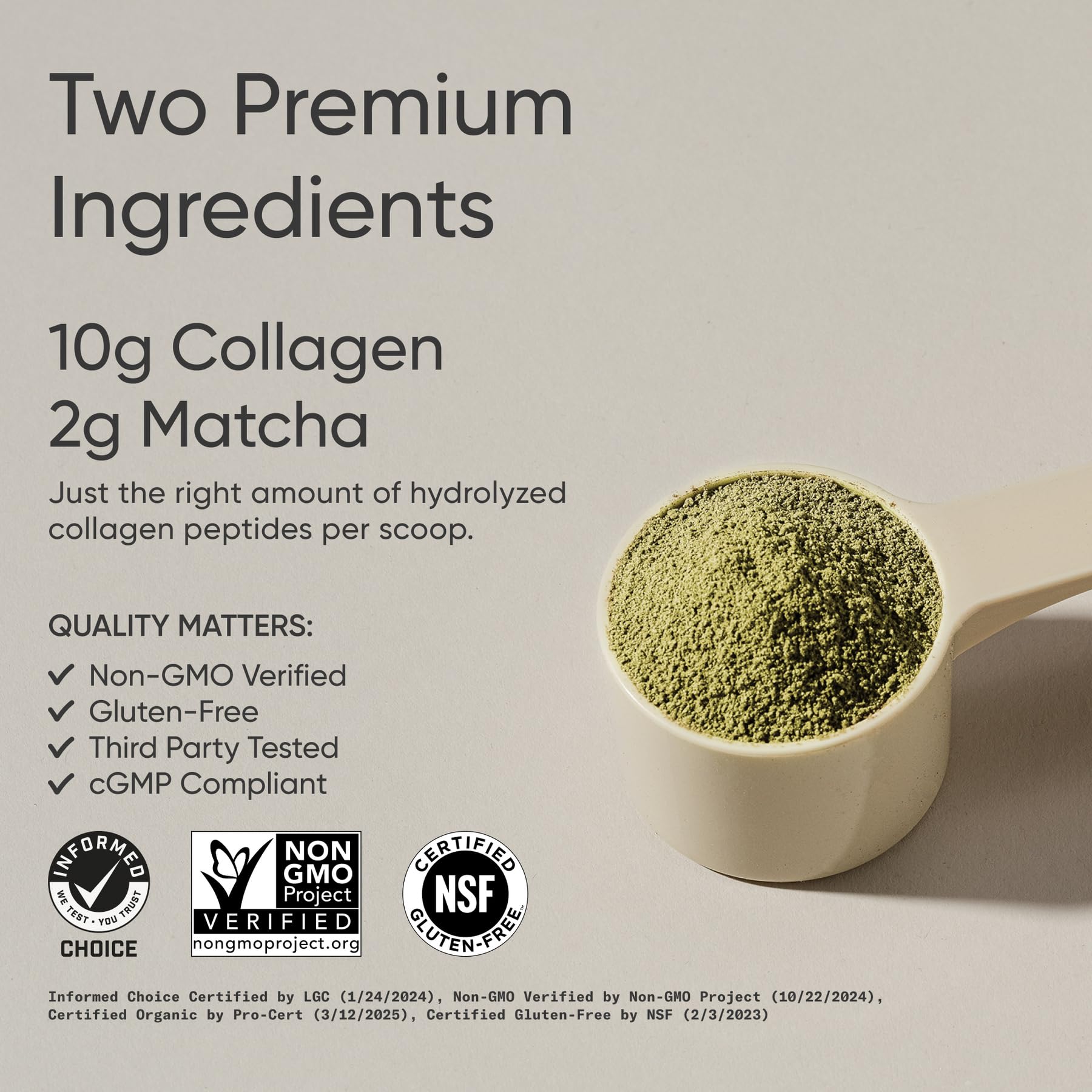 Sports Research collagen matcha scoop beside a glass for latte