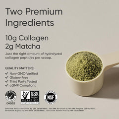 Sports Research collagen matcha scoop beside a glass for latte