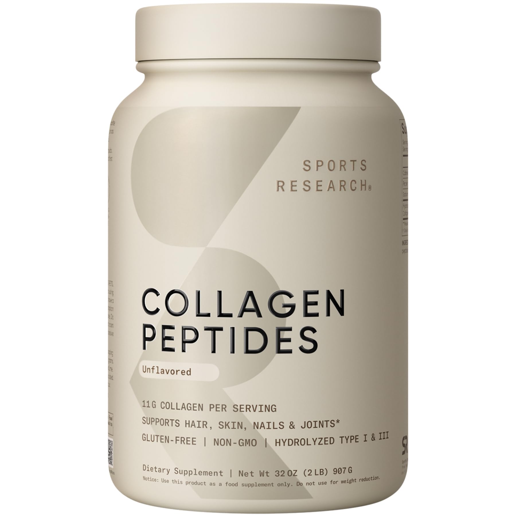 Sports Research Collagen Peptides bottle shown for daily beauty and joint support potential.