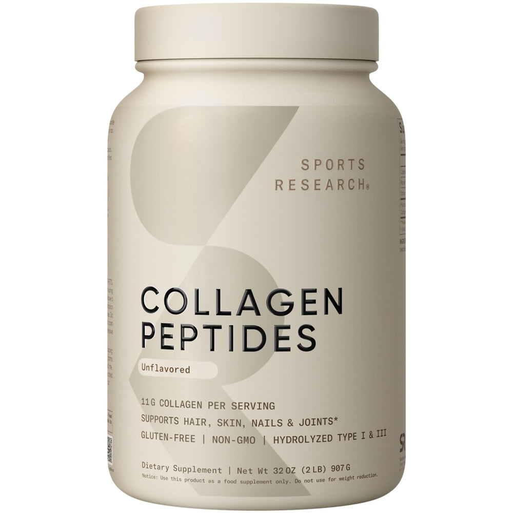 Sports Research Collagen Peptides bottle shown for daily beauty and joint support potential.