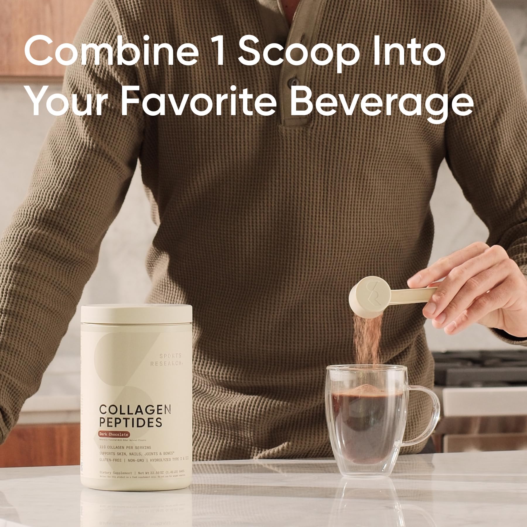 Chocolate Sports Research Collagen Peptides shake in glass for a tasty treat.