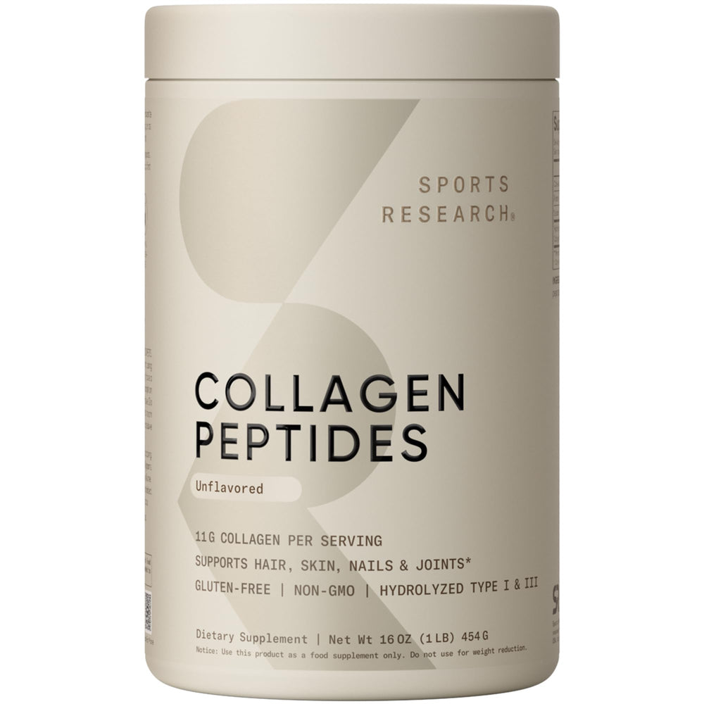Sports Research Collagen Peptides tub front for daily protein and easy mixing.