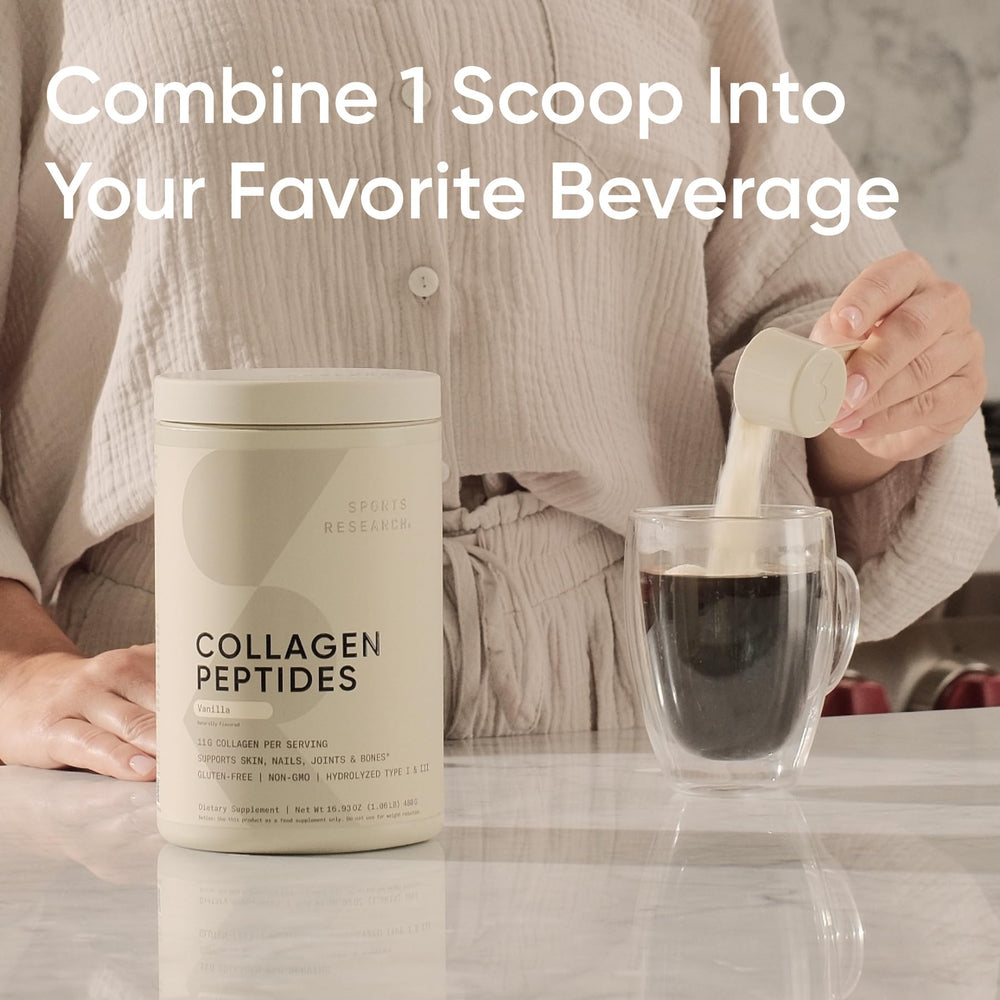 Sports Research Collagen Peptides front of tub highlighting vanilla flavor.