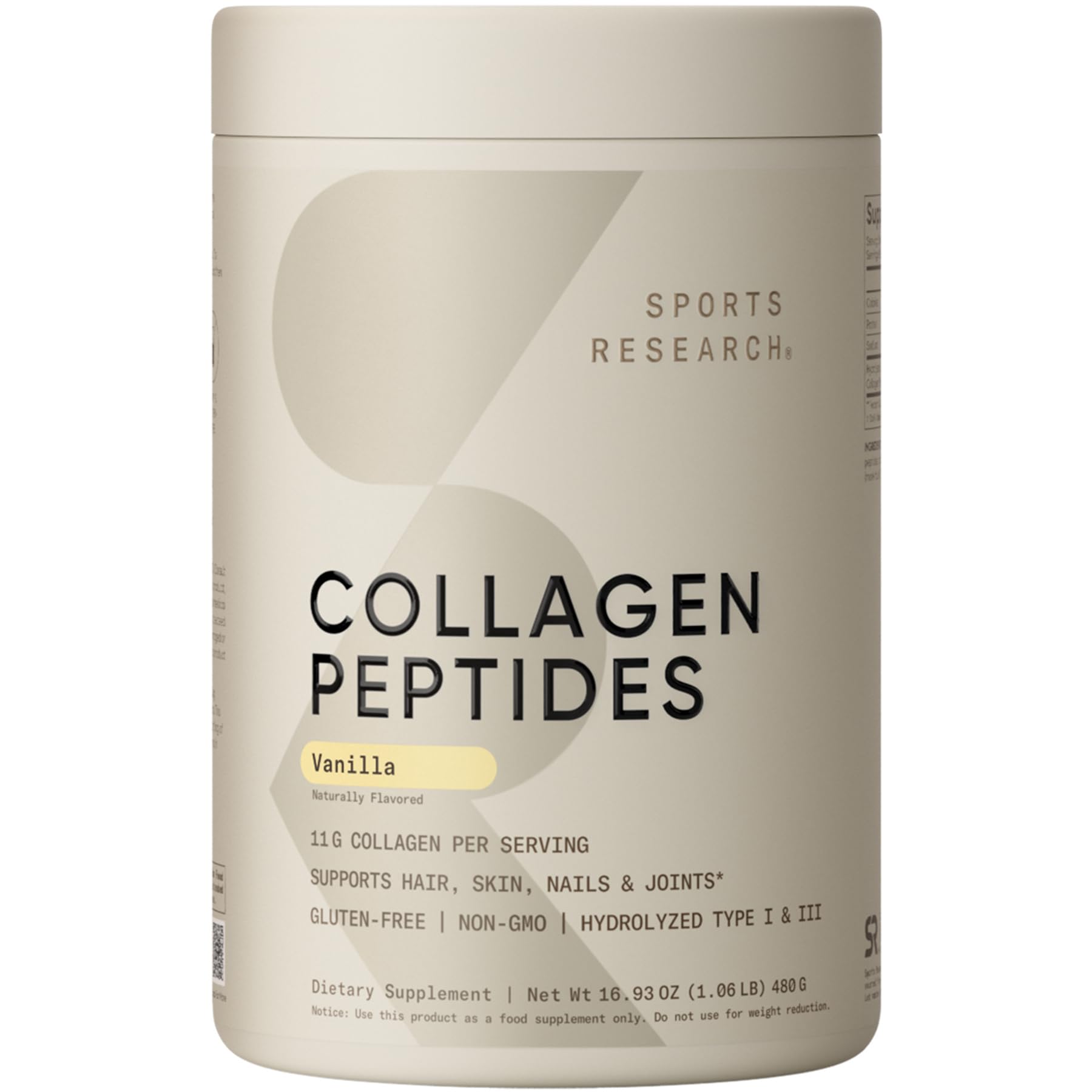 Sports Research Collagen Peptides tub with vanilla flavor for skin and joints.