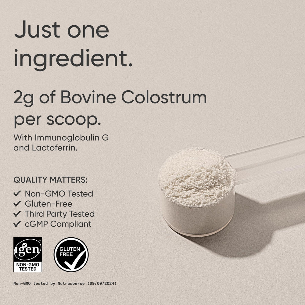 Sports Research Colostrum Powder scoop showing convenient, accurate dosing for easy mixing.