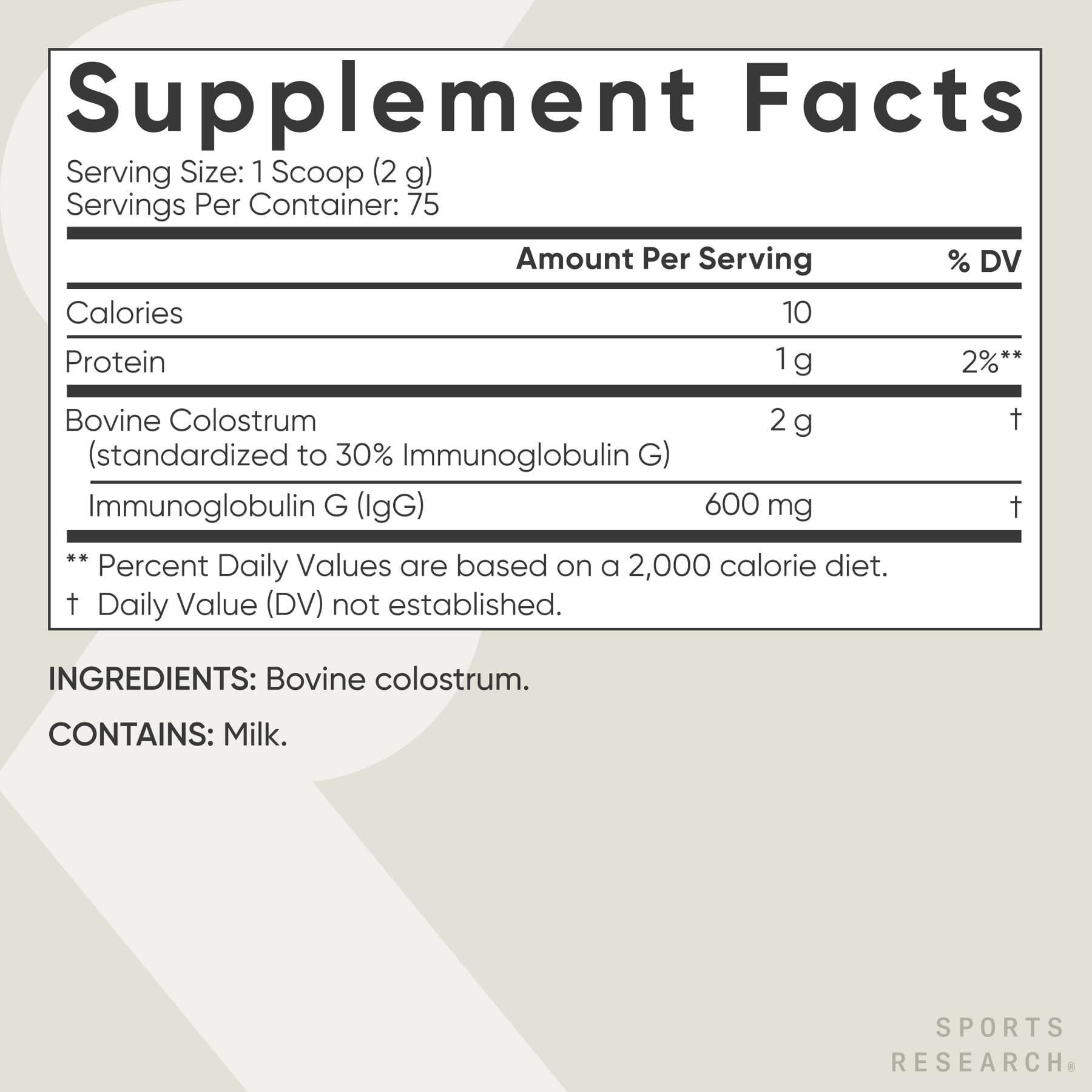 Sports Research Colostrum Powder in a shaker suggests convenient on-the-go nutrition.