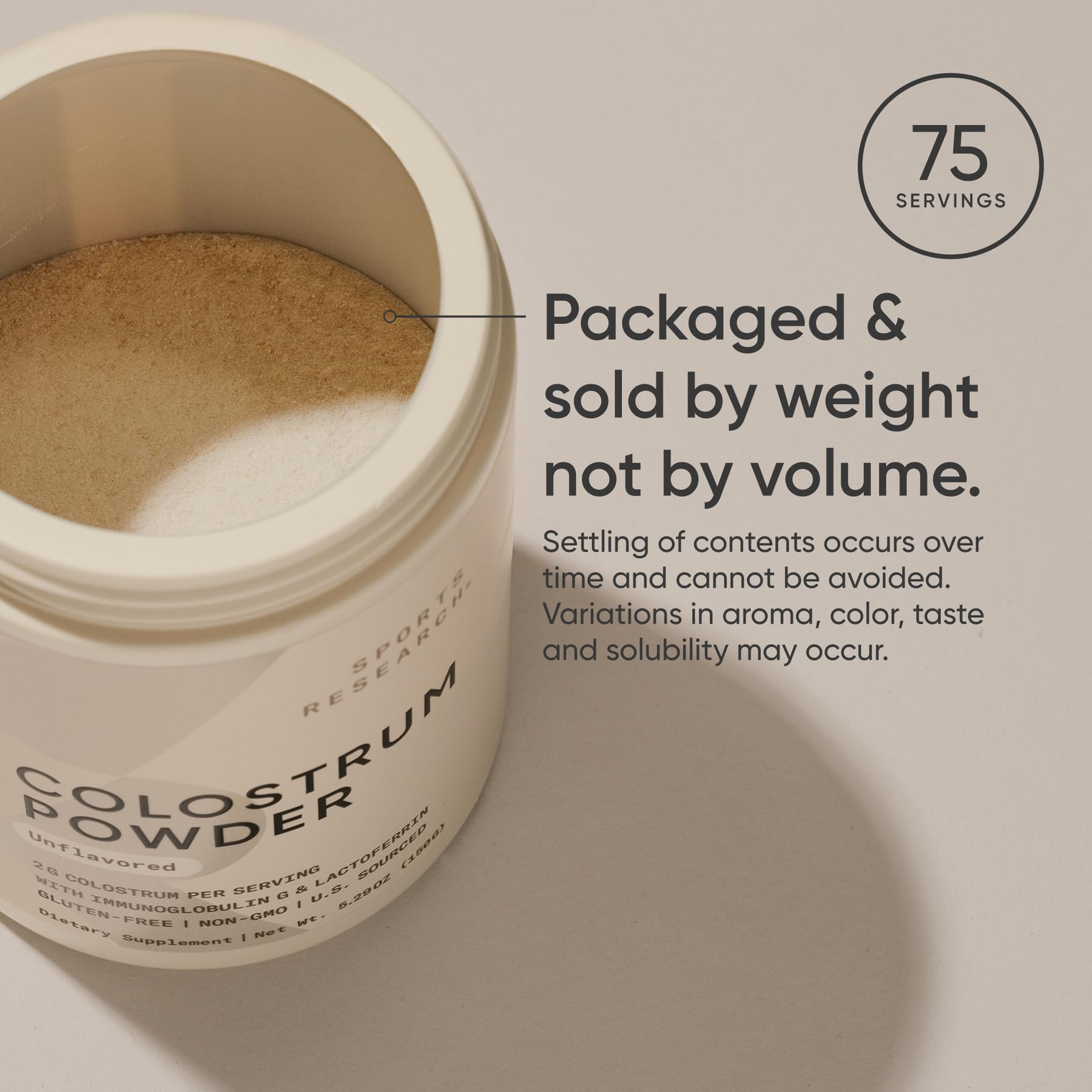 Sports Research Colostrum Powder unflavored label communicates gluten-free and non-GMO attributes.