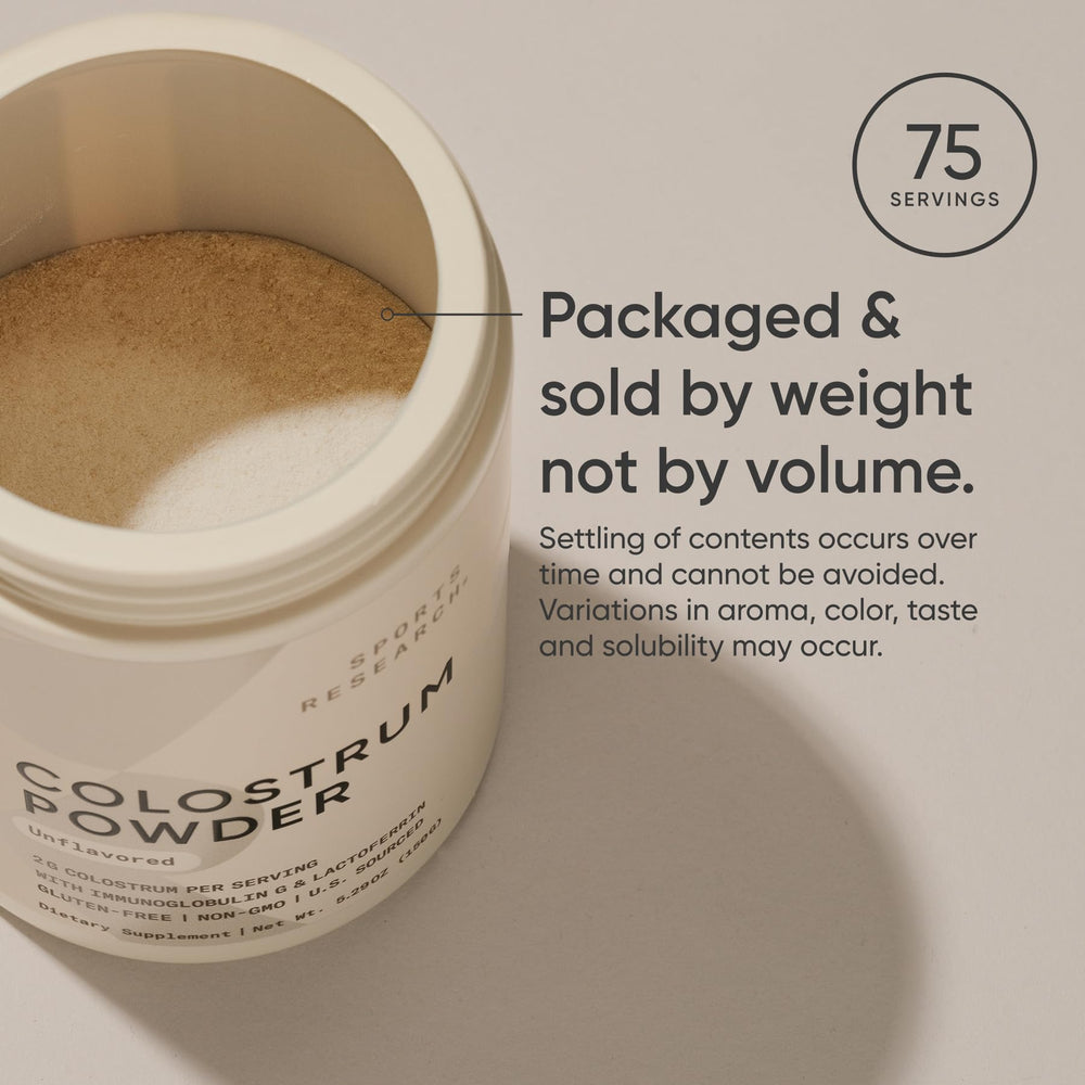 Sports Research Colostrum Powder unflavored label communicates gluten-free and non-GMO attributes.