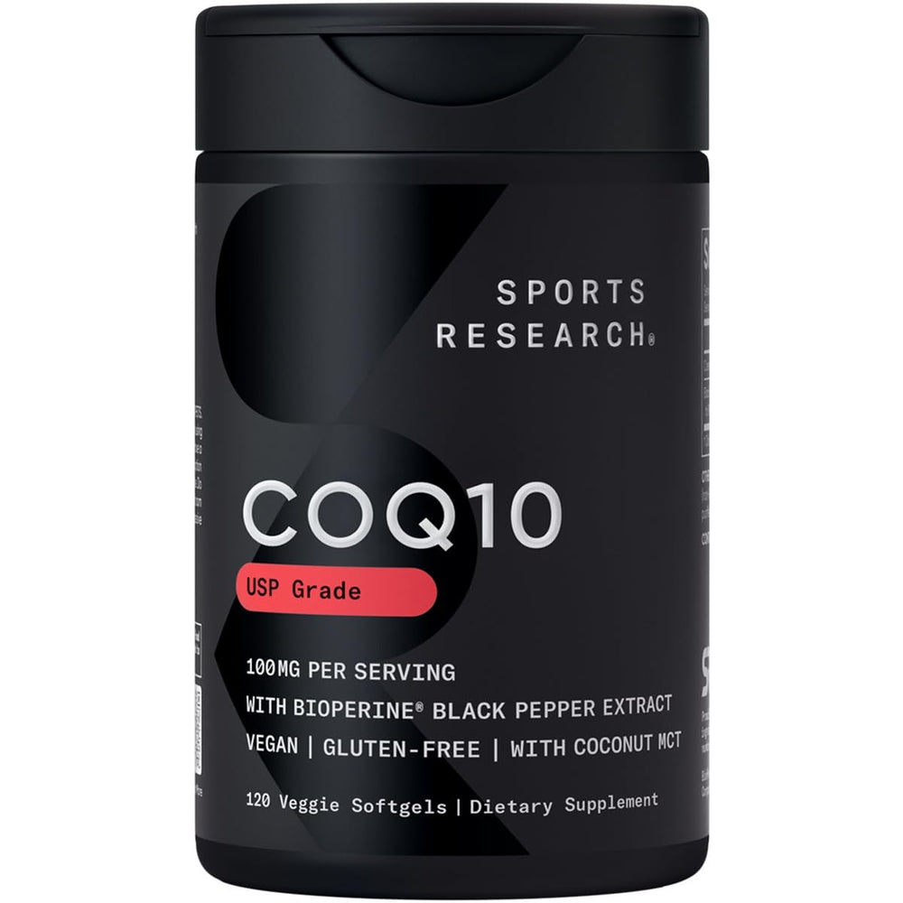Sports Research CoQ10 bottle front with vegan-certified label for plant-based options.