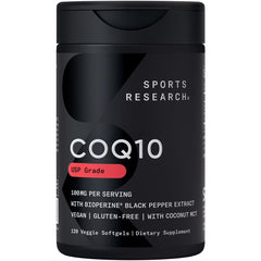 Sports Research CoQ10 bottle front with vegan-certified label for plant-based options.