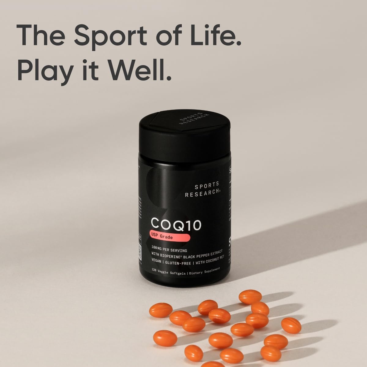 Non-GMO verification badge on Sports Research CoQ10 packaging.