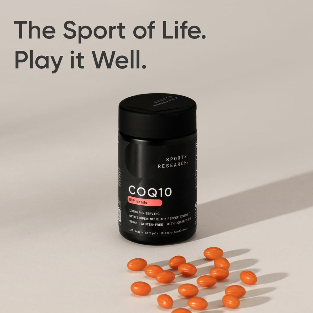 Non-GMO verification badge on Sports Research CoQ10 packaging.