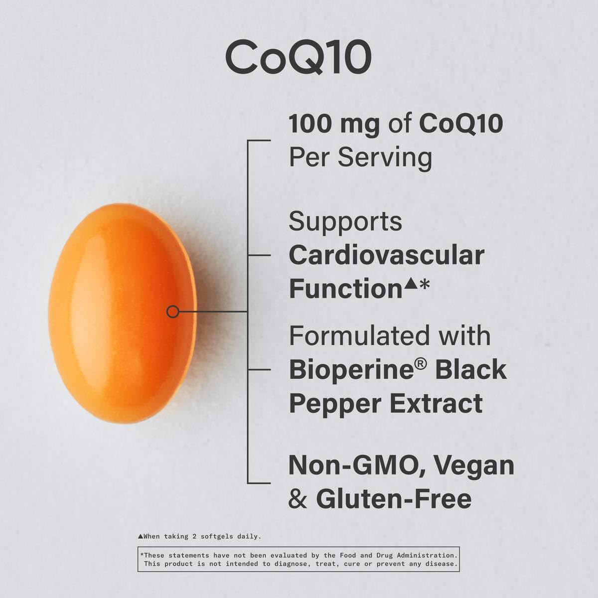 Close-up of CoQ10 veggie softgels showing easy-to-swallow shape.