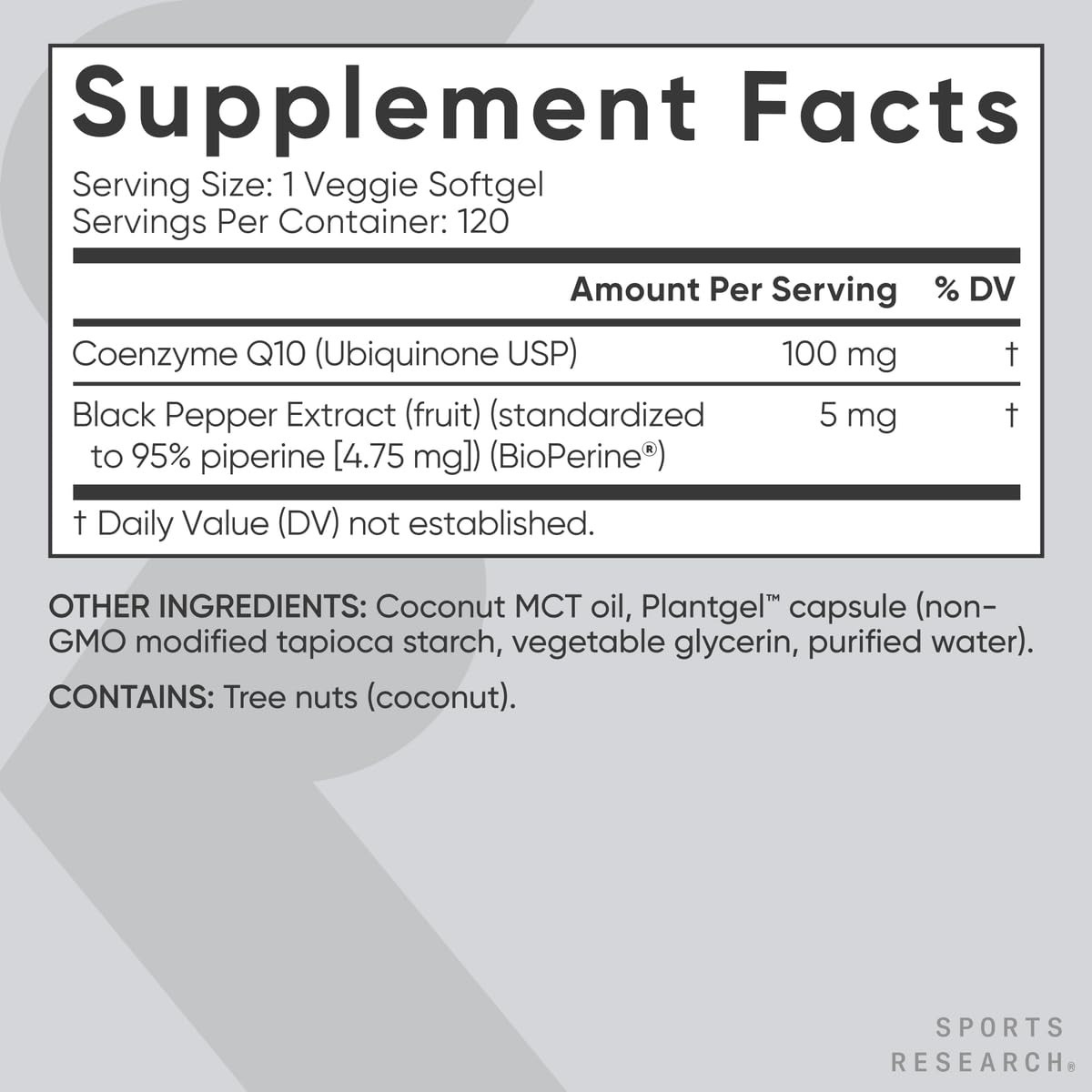 Vegan-certified and Non-GMO icons on Sports Research CoQ10 box.