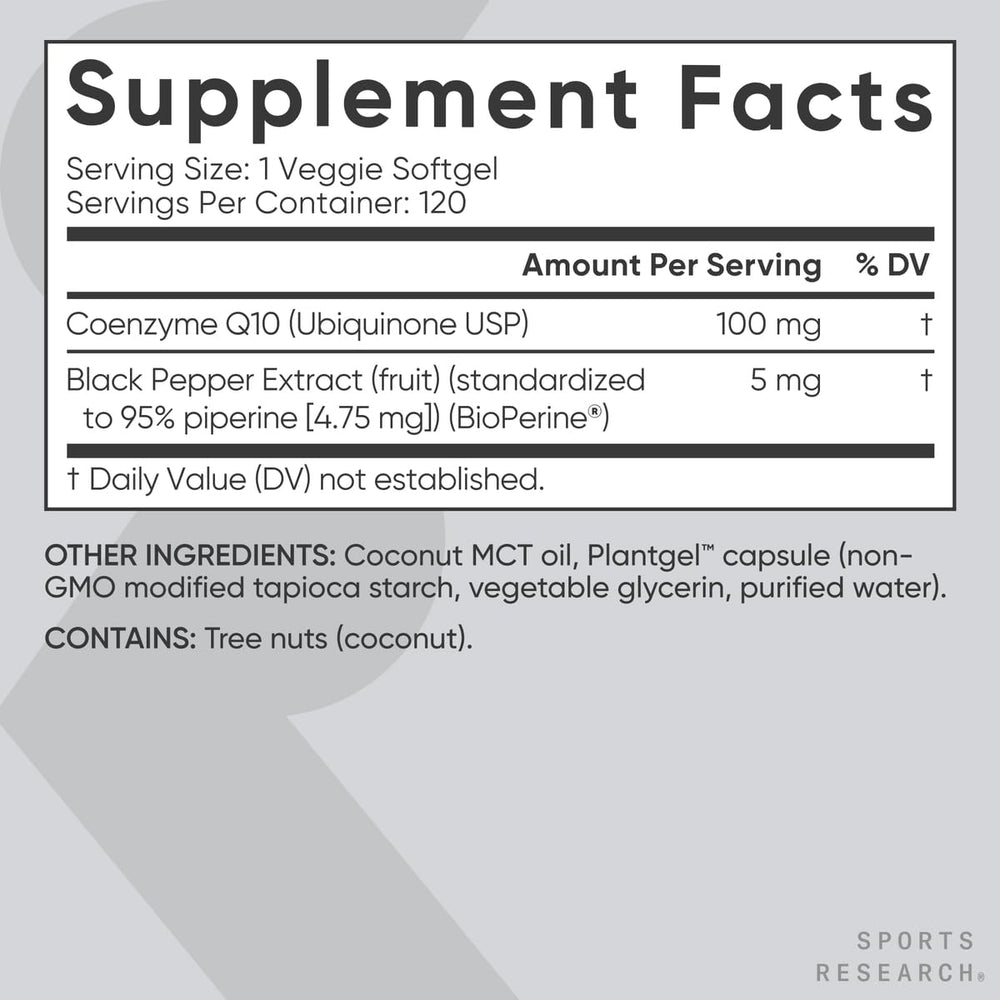 Vegan-certified and Non-GMO icons on Sports Research CoQ10 box.
