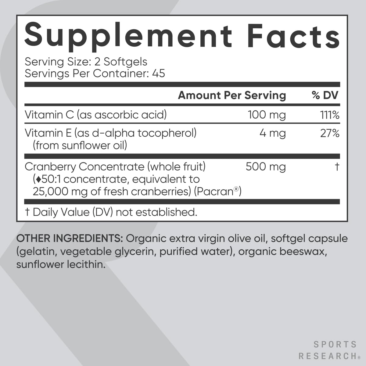 Sports Research Cranberry Fruit Complex shows non-GMO and gluten-free formula.
