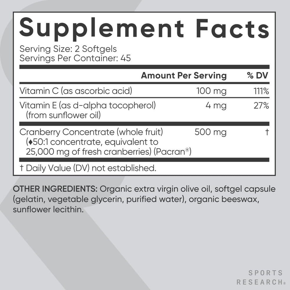 Sports Research Cranberry Fruit Complex shows non-GMO and gluten-free formula.