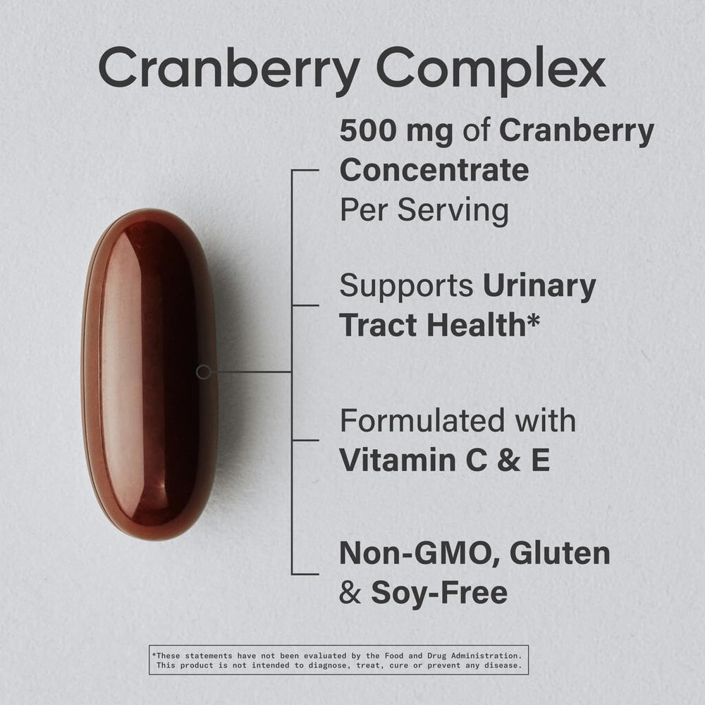 Close-up of Sports Research Cranberry Fruit Complex softgels with Pacran concentrate benefits.