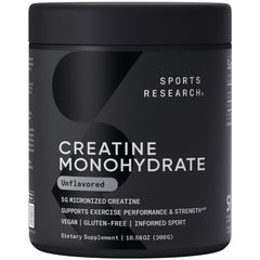 Sports Research Creatina Monohidrato: bote con polvo puro para potenciar entrenos y recuperación.