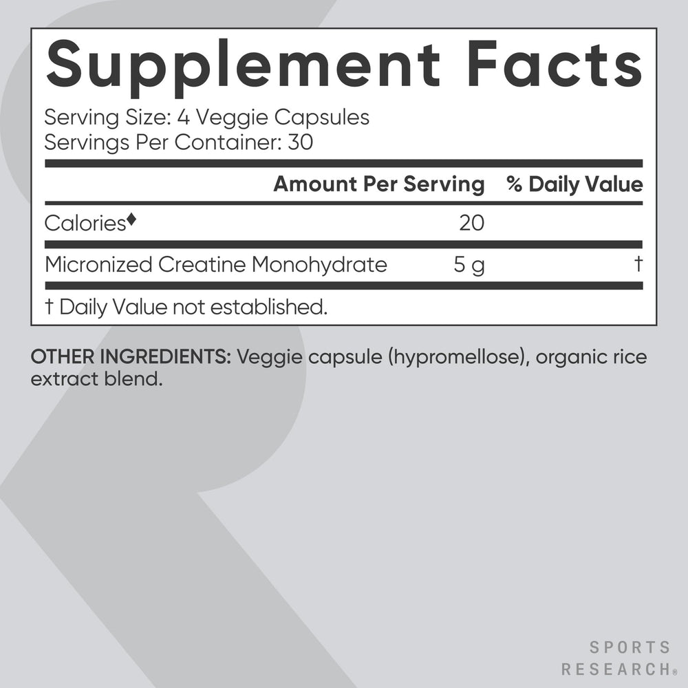 Sports Research Creatine Monohydrate capsules closeup of coated pills for convenience