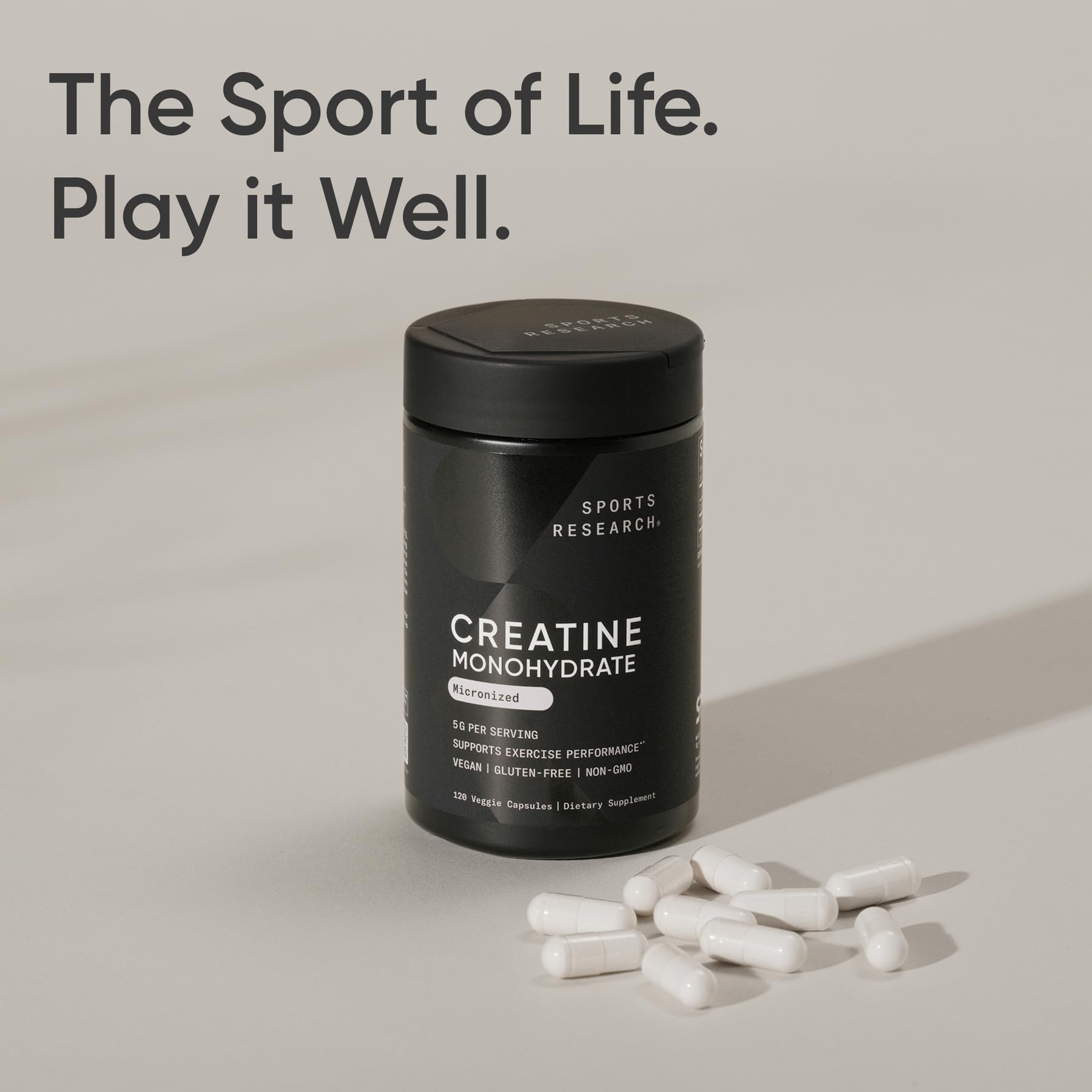 Sports Research Creatine Monohydrate capsules vegan certified seal on package