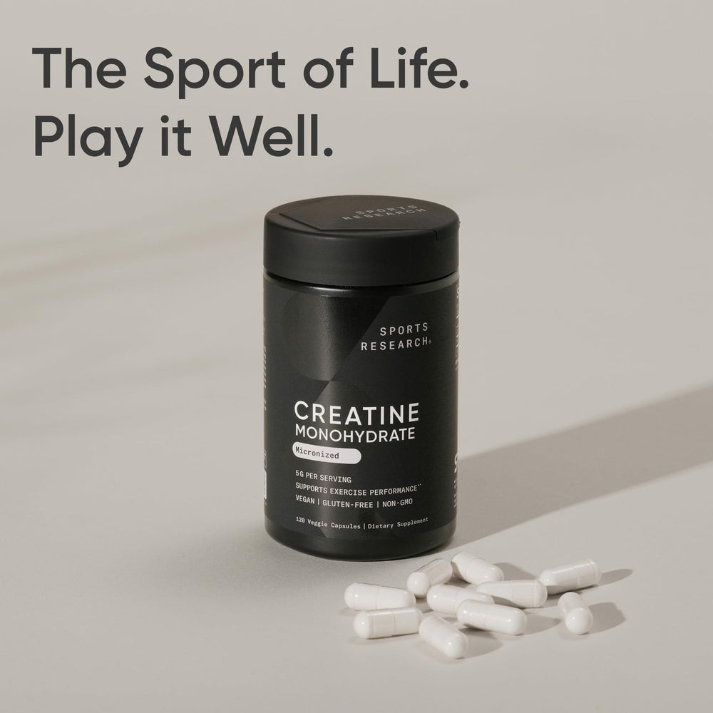 Sports Research Creatine Monohydrate capsules vegan certified seal on package