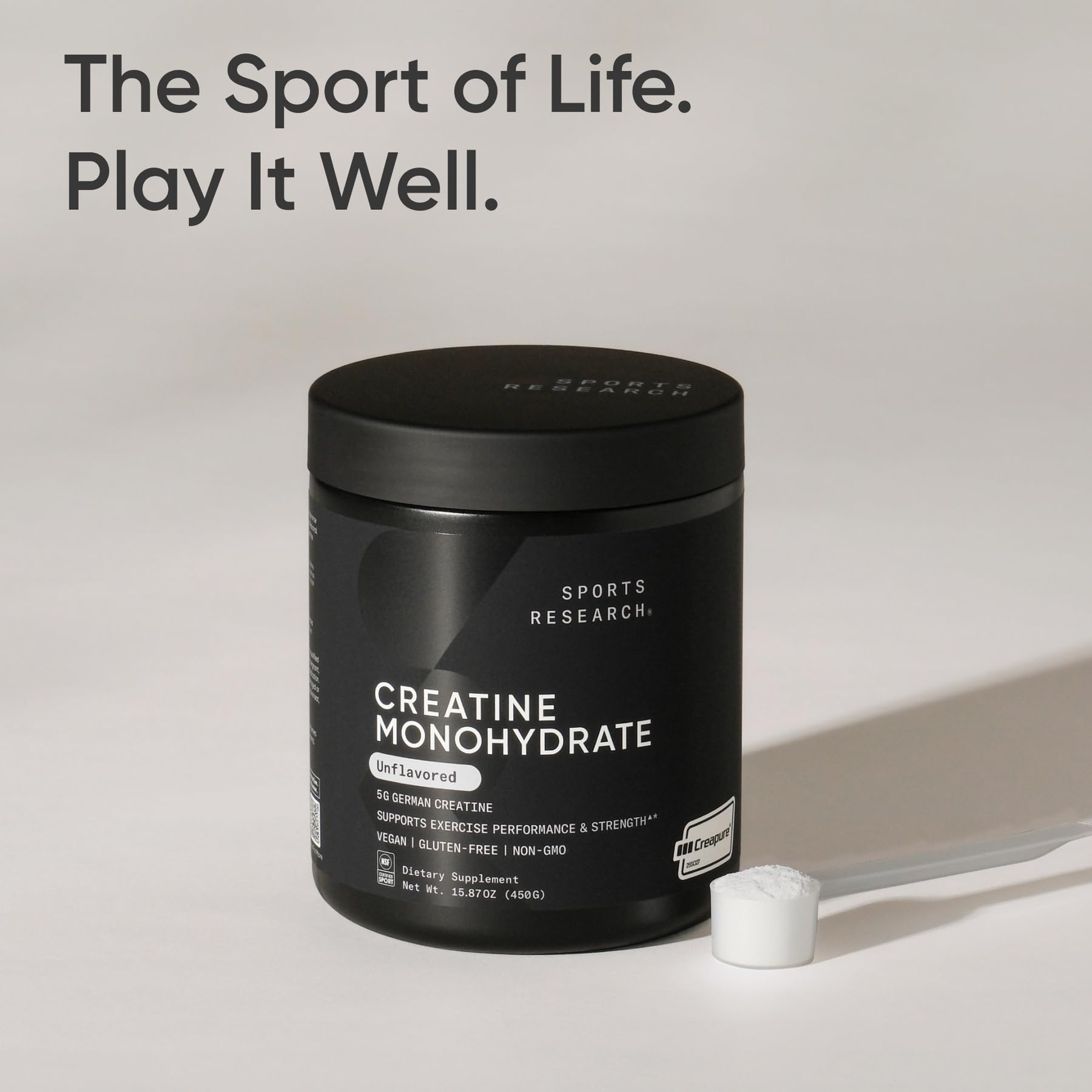 Sports Research Creatine Monohydrate jar highlights 90 servings for ongoing use.