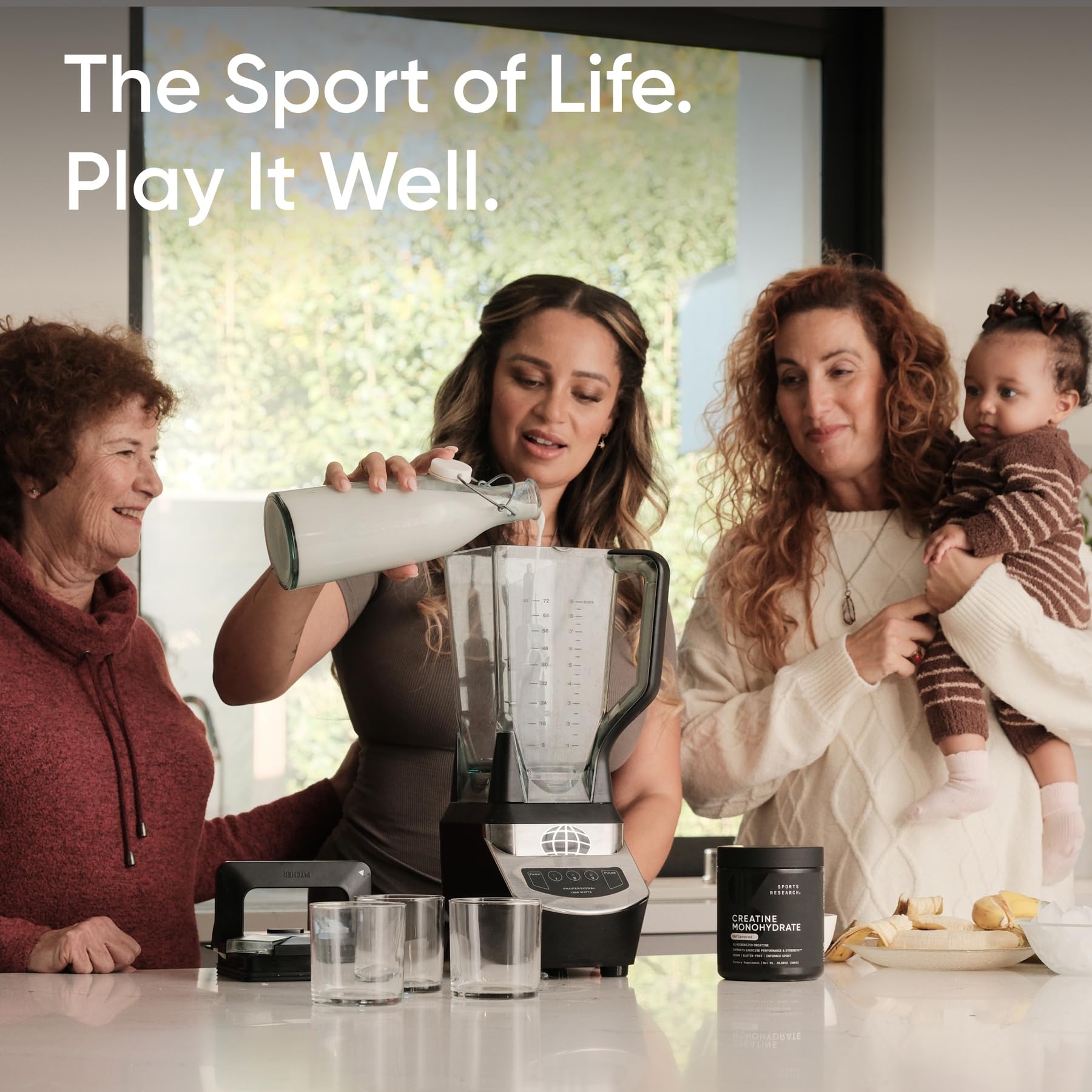 Sports Research Creatine Monohydrate being stirred into a drink for quick use.