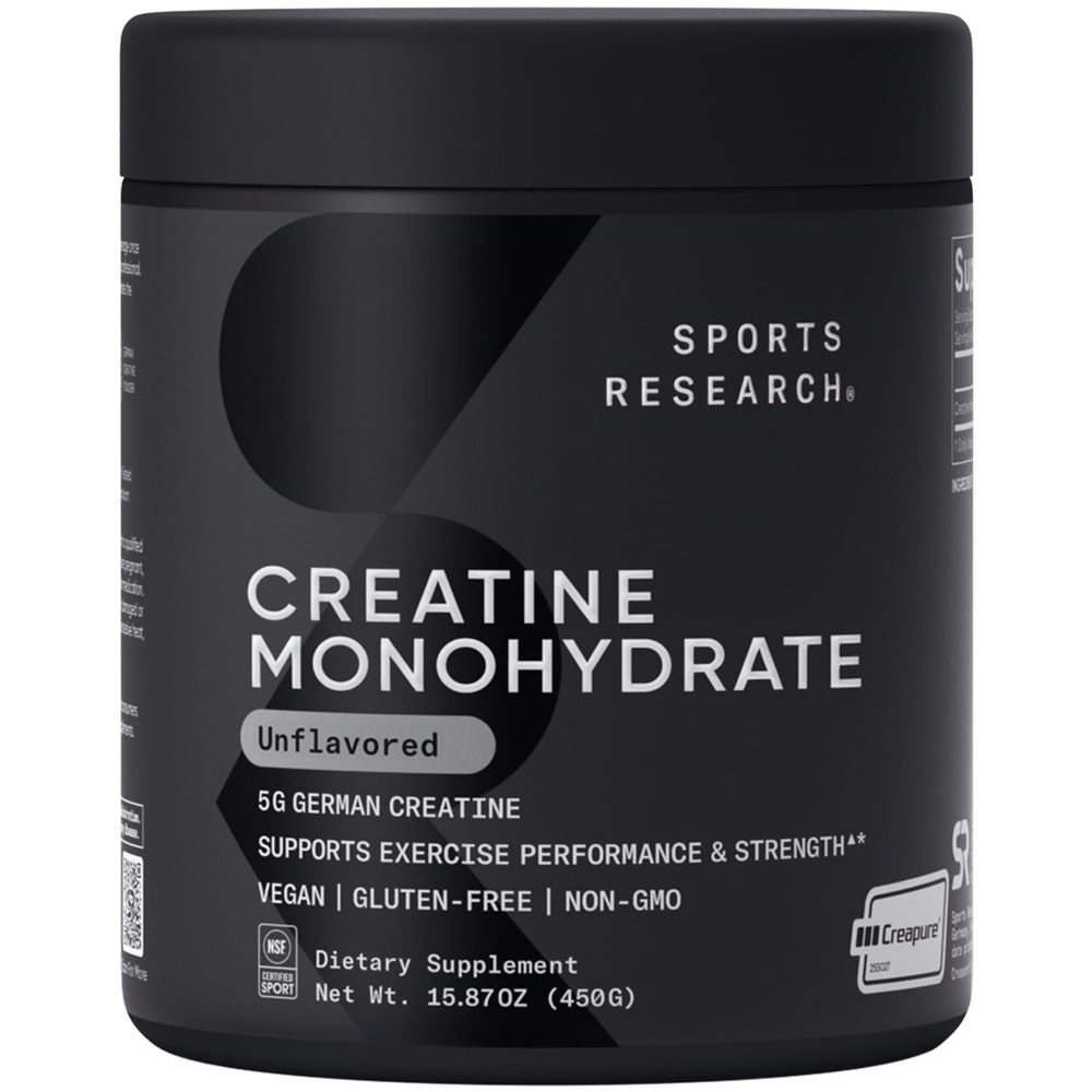 Sports Research Creatine Monohydrate powder with scoop aids consistent dosing during workouts.