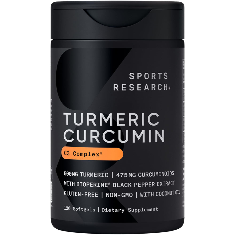 Sports Research curcuma C3 Complex en botella para apoyar tu rutina saludable.