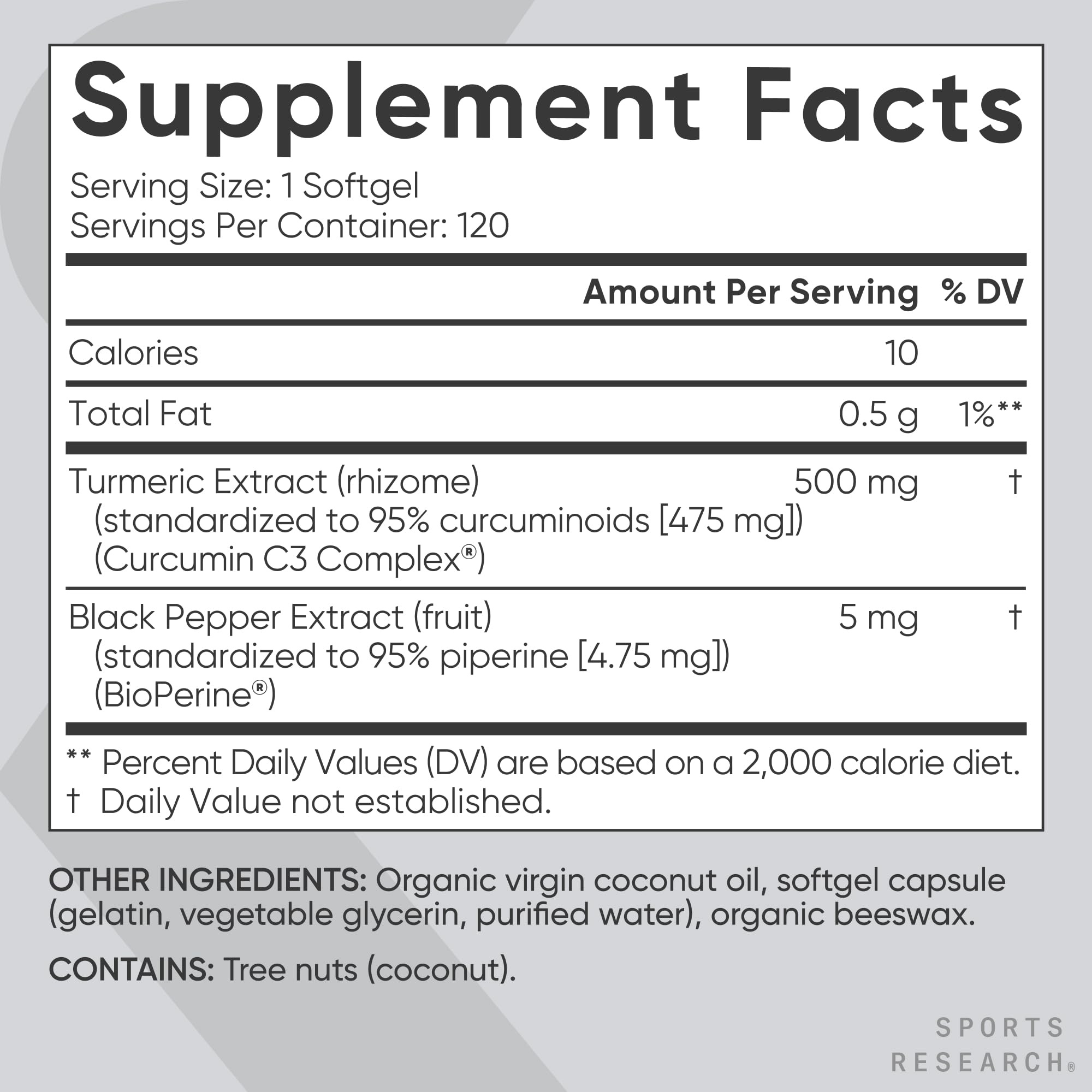 Curcuminoides estandarizados al 95% en Sports Research para consistencia de dosis.