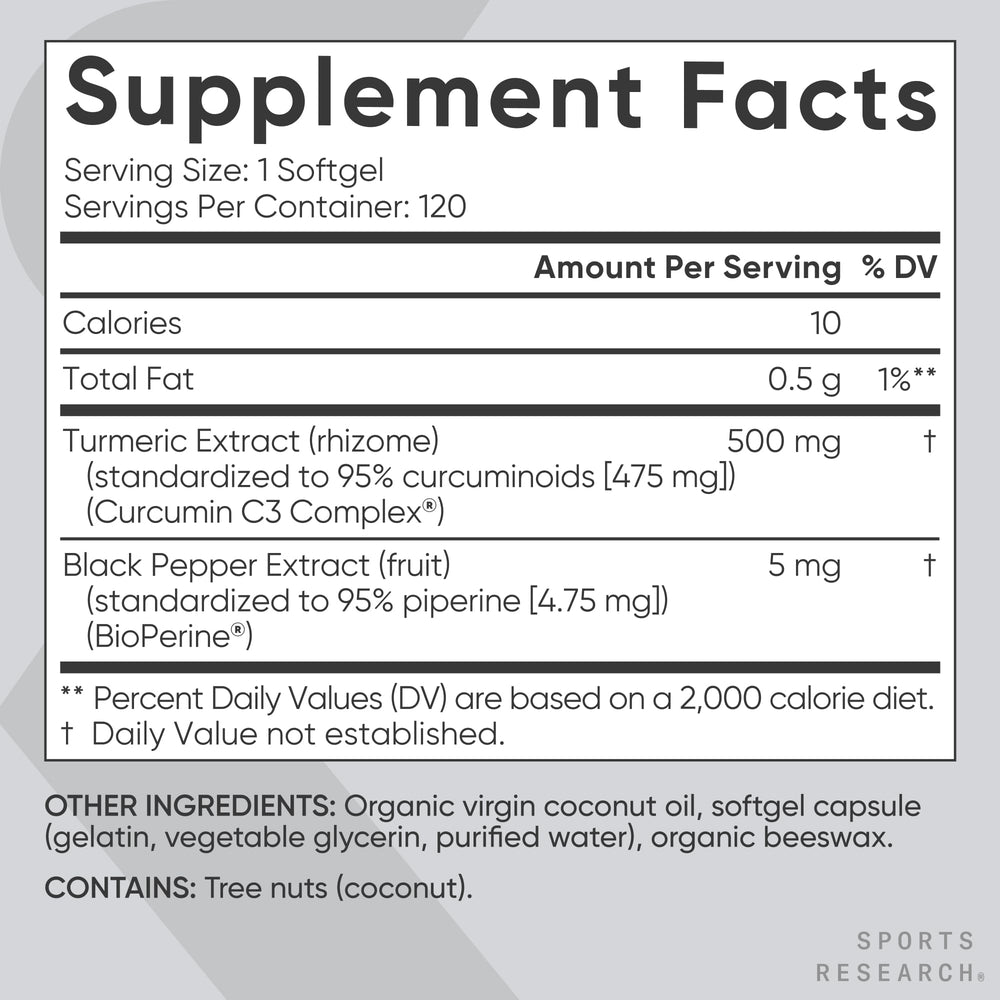 Curcuminoides estandarizados al 95% en Sports Research para consistencia de dosis.