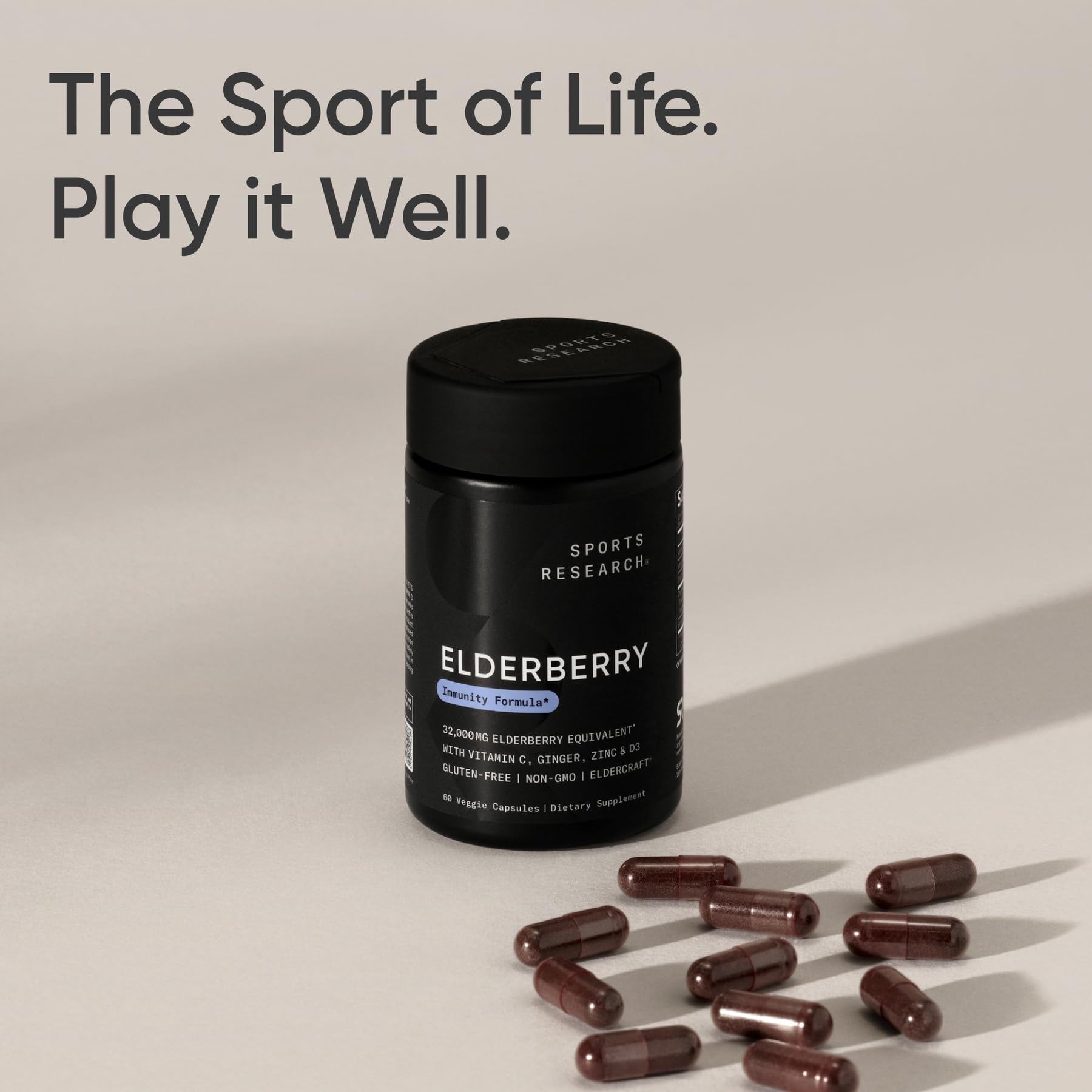 Sports Research Daily Immune Elderberry capsules in container ready for travel