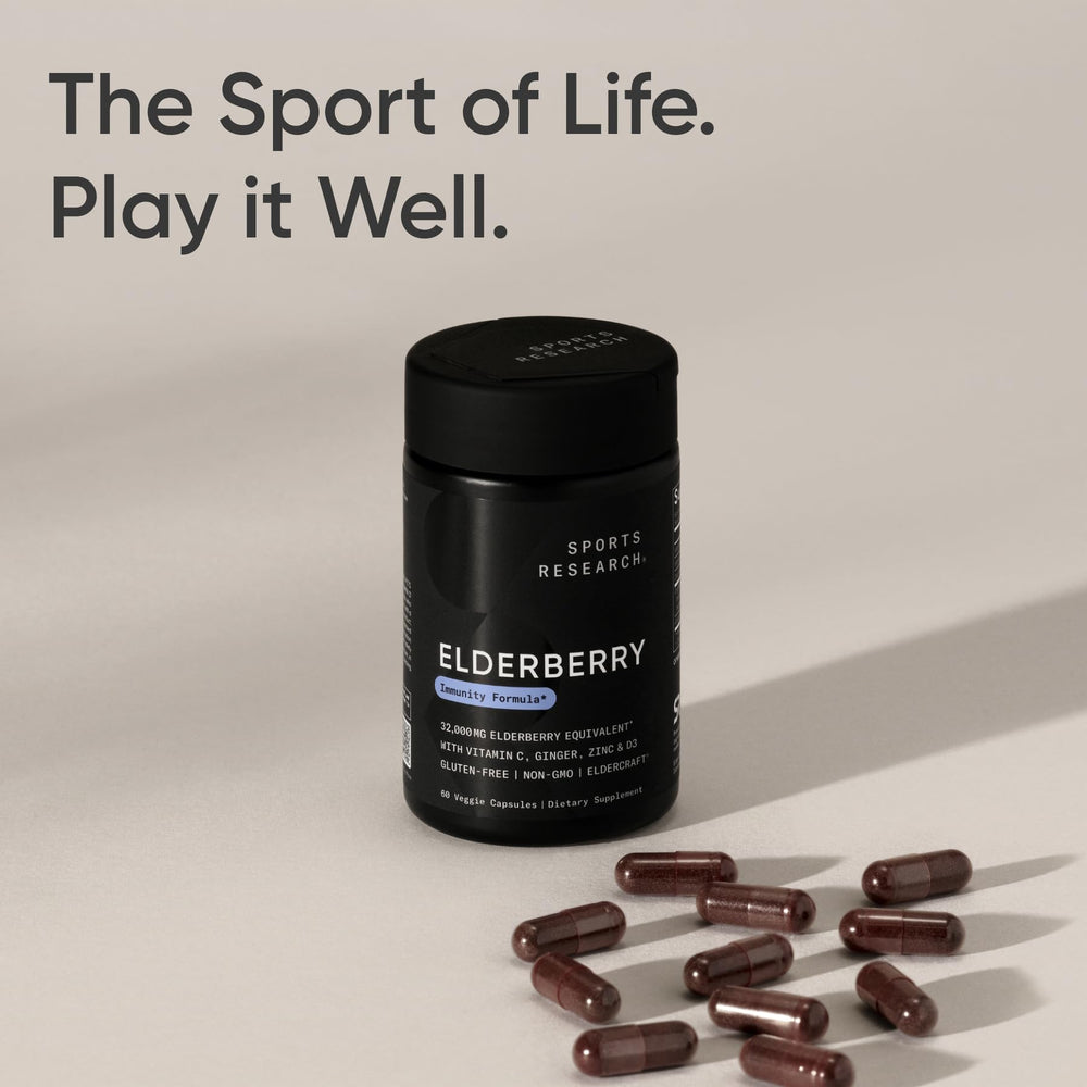 Sports Research Daily Immune Elderberry capsules in container ready for travel