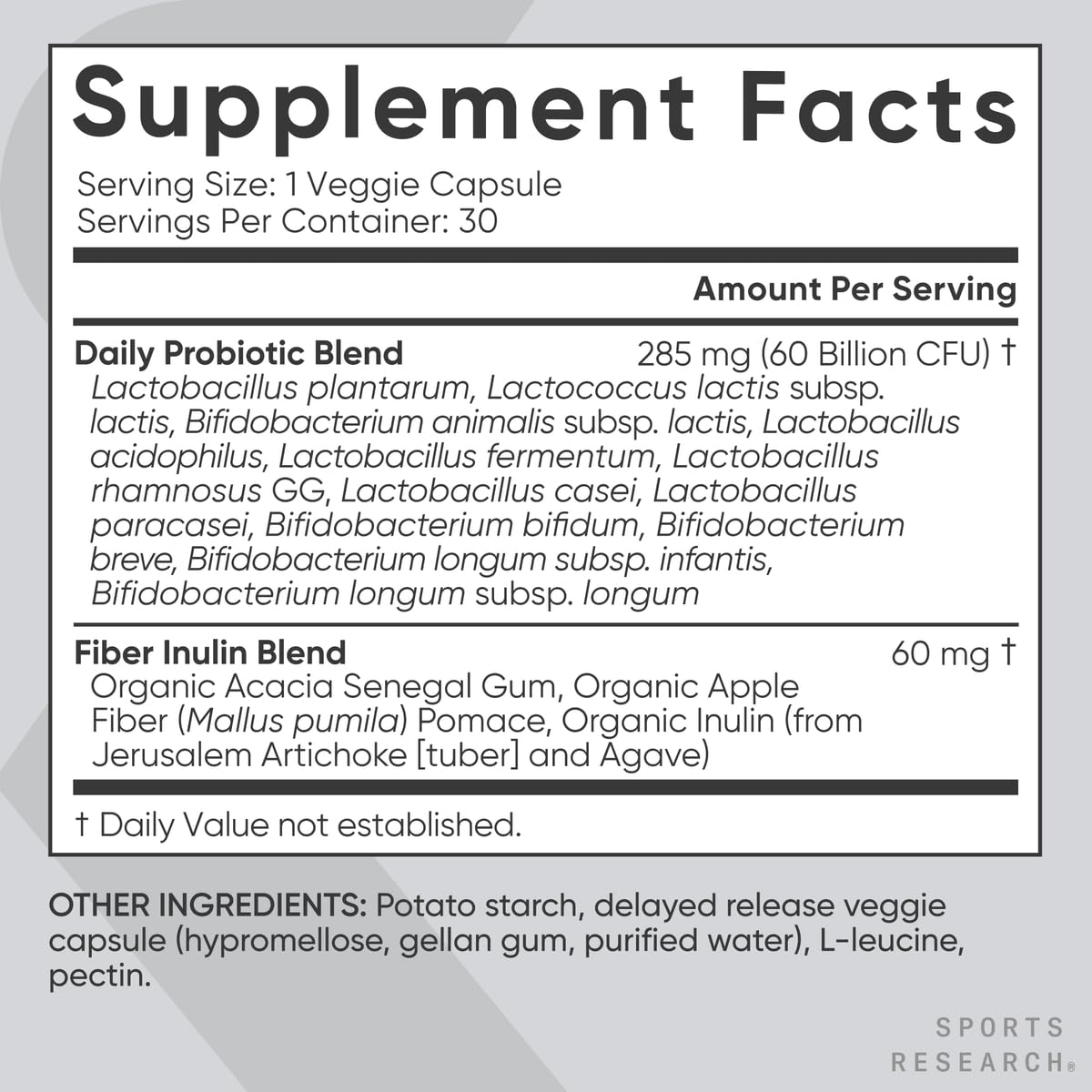 Sports Research Daily Probiotics shelf label showing freshness through expiration date