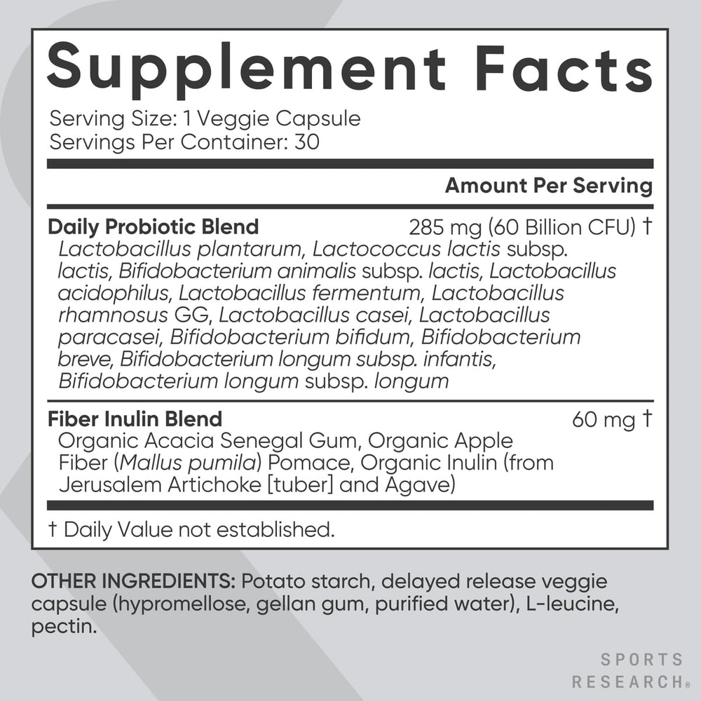 Sports Research Daily Probiotics shelf label showing freshness through expiration date